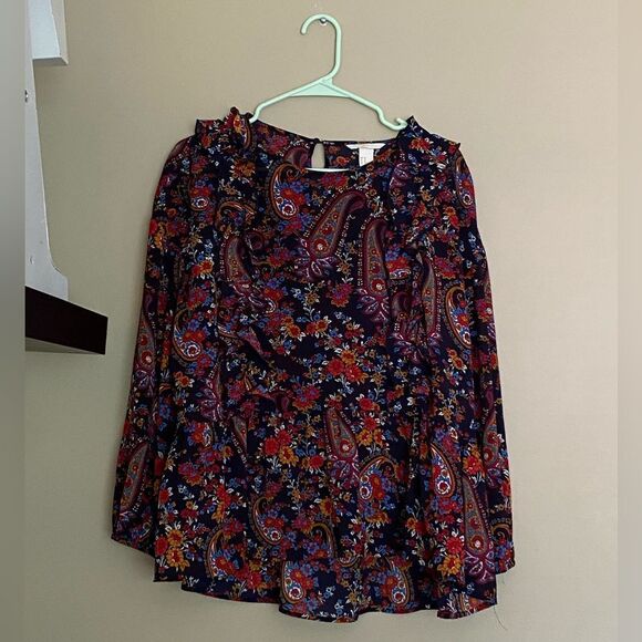 H&M Paisley Peplum Ruffle Long Sleeve Blouse - Size 14 - Picture 1 of 7